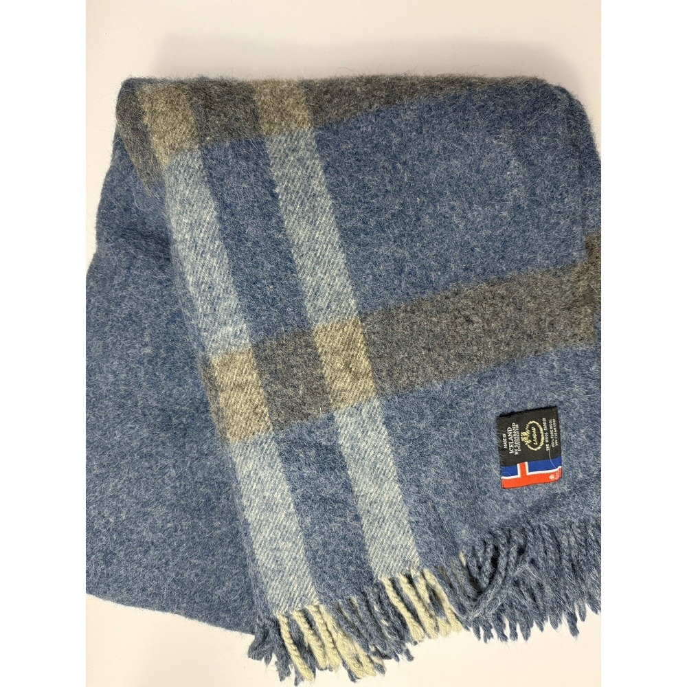 Samband Landau Wool Throw Blanket Plaid Blue Grey Made in Iceland OS